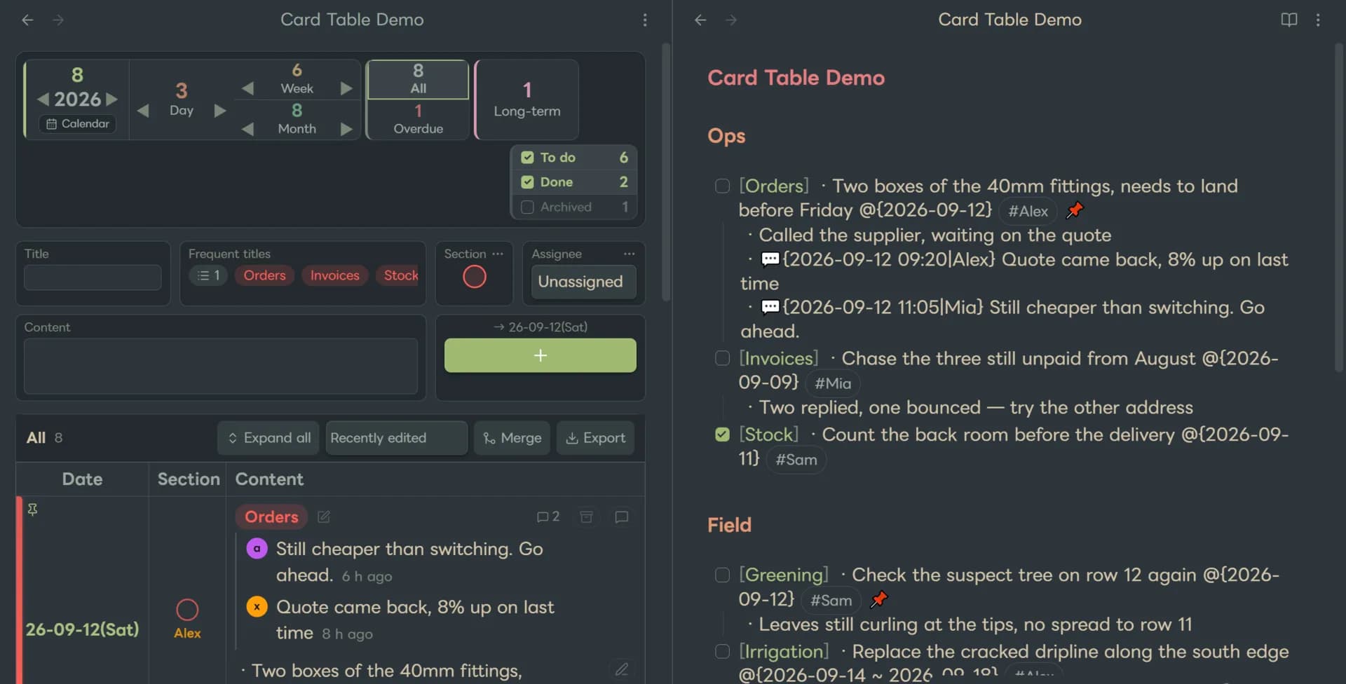 Card Table - Dated Tasks screenshot