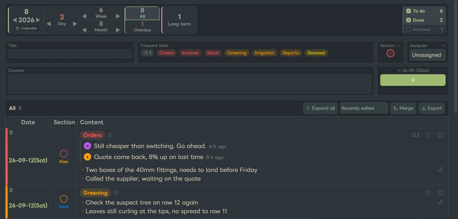 Card Table - Dated Tasks screenshot