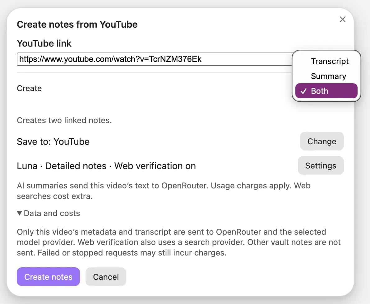 YouTube Transcript Notes screenshot