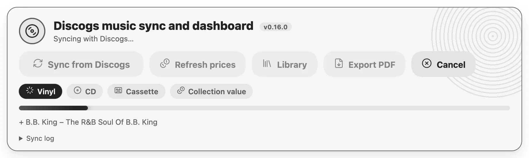 Discogs music sync and dashboard screenshot