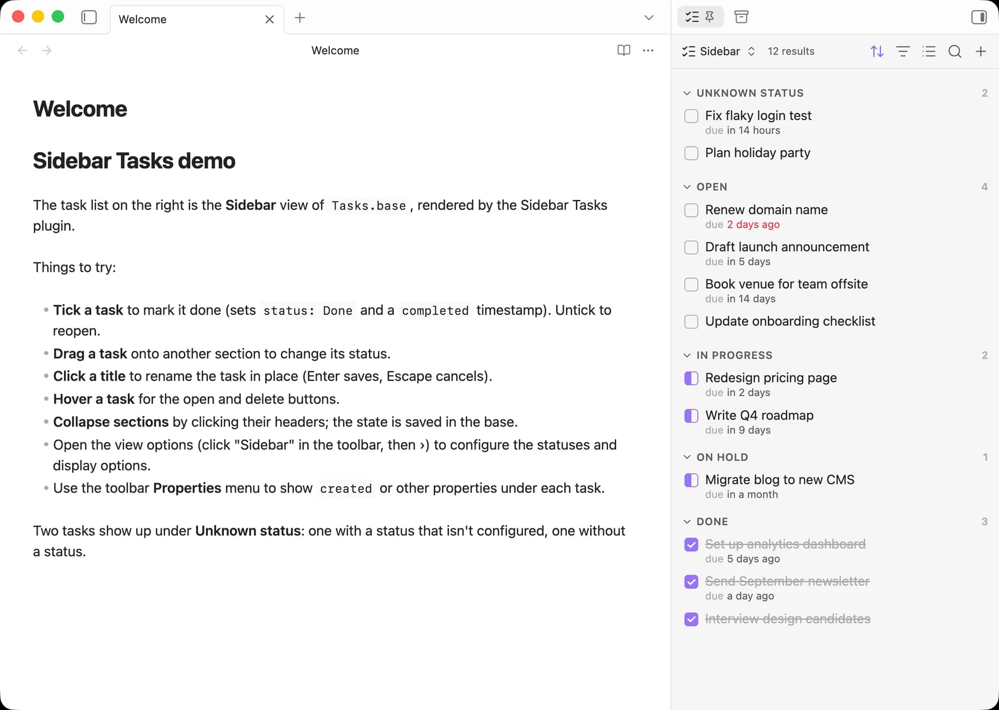 Sidebar Tasks screenshot