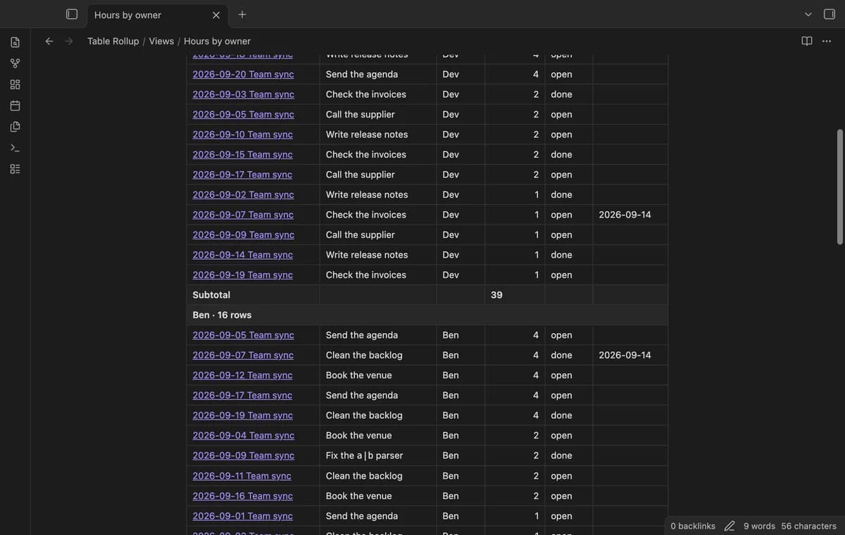 Table Rollup screenshot