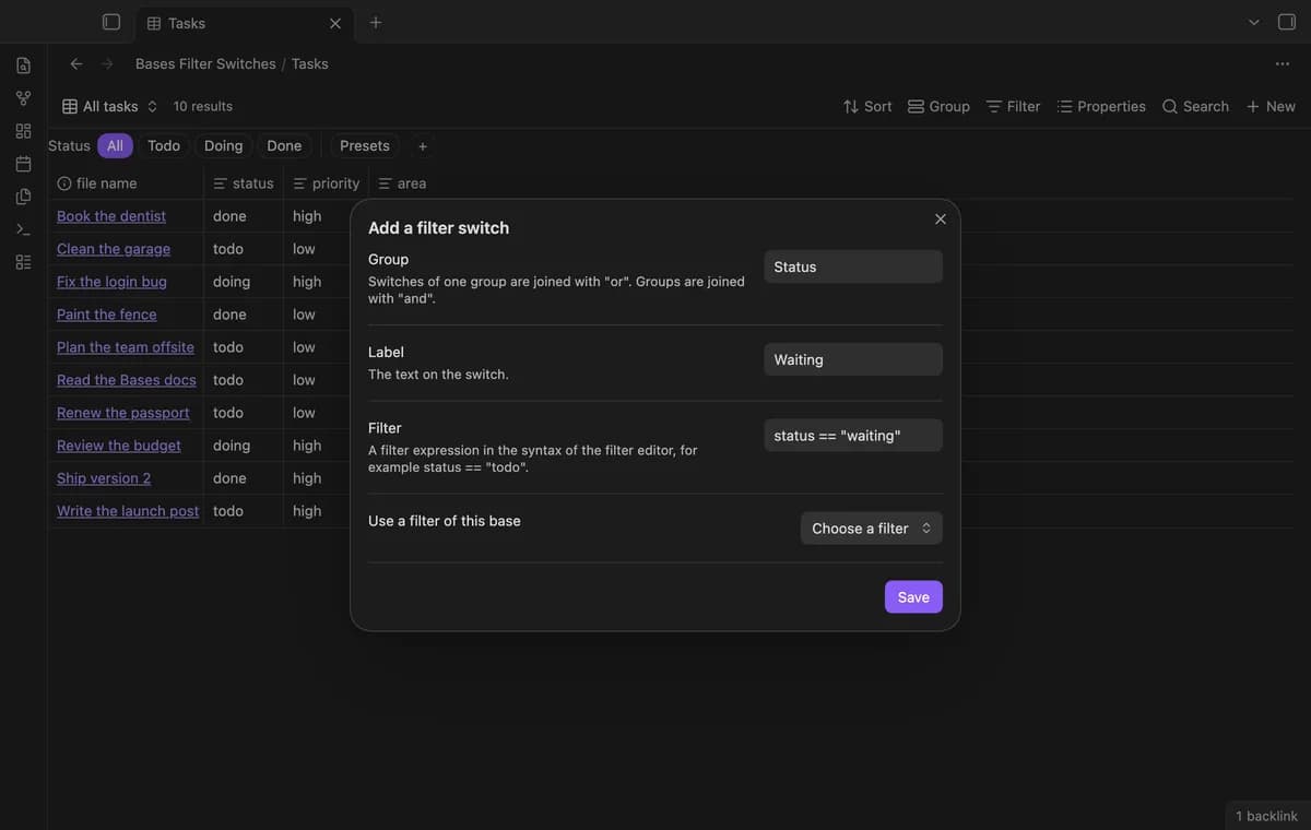 Bases Filter Switches screenshot