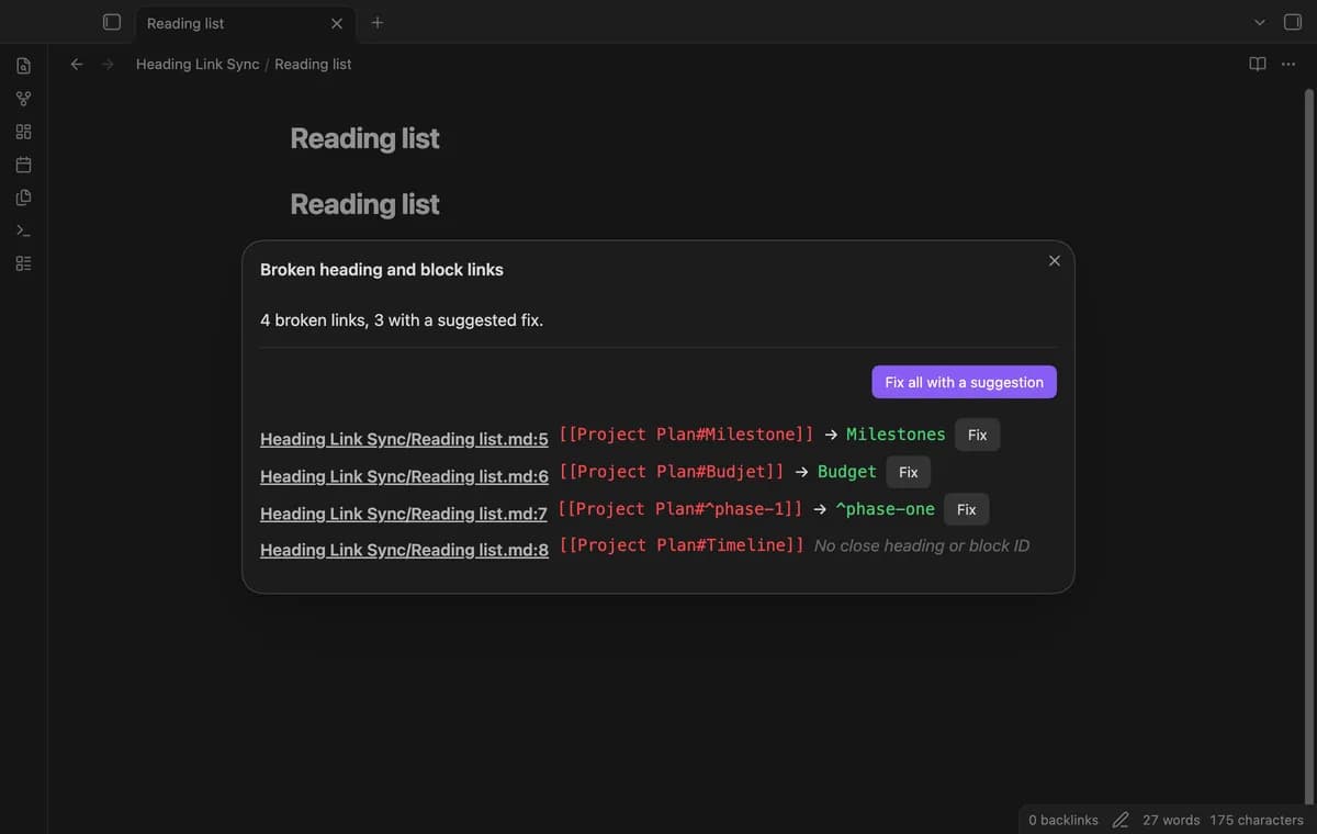 Heading Link Sync screenshot