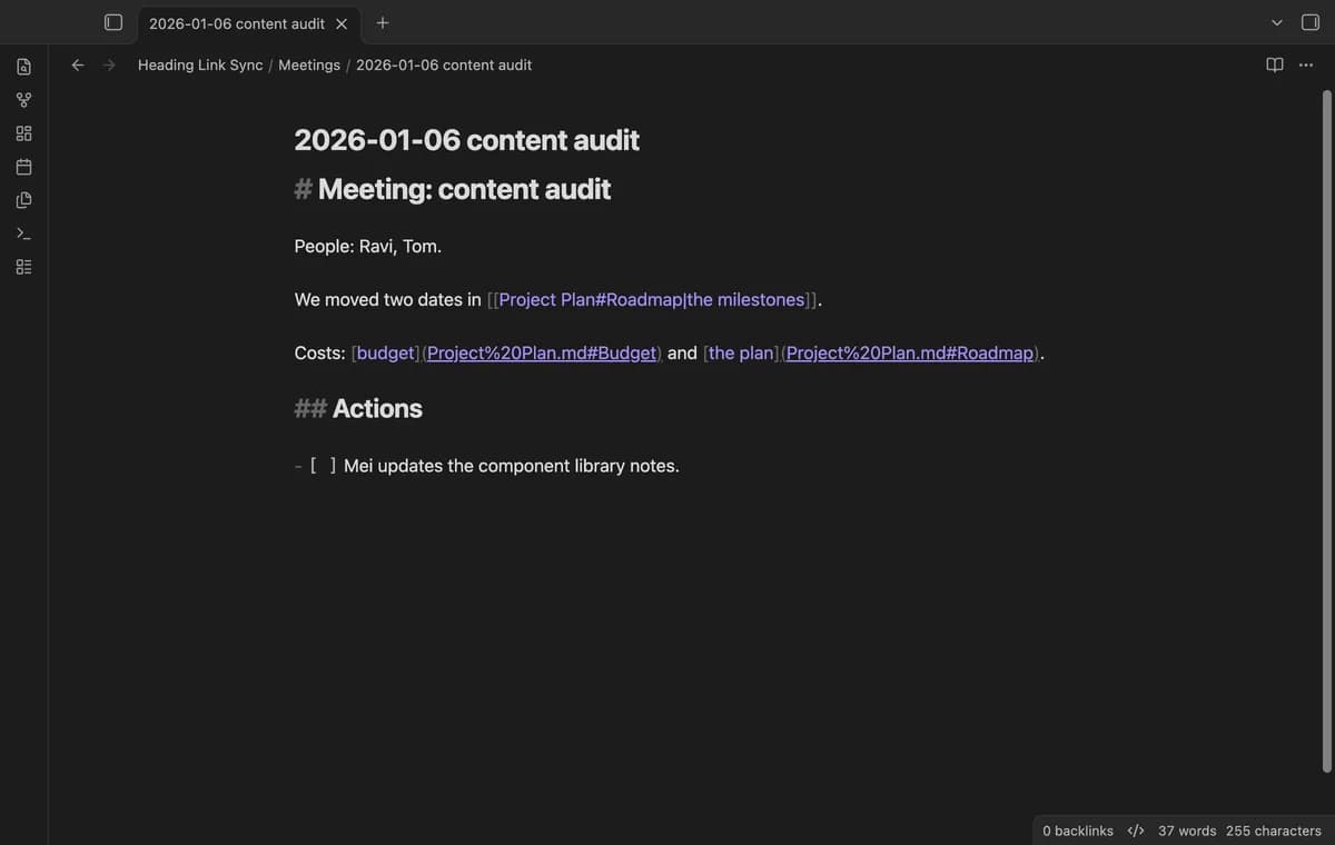 Heading Link Sync screenshot