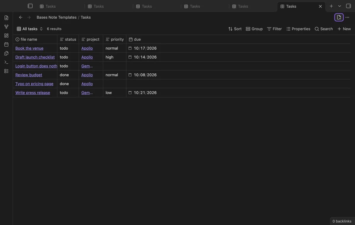 Bases Note Templates screenshot
