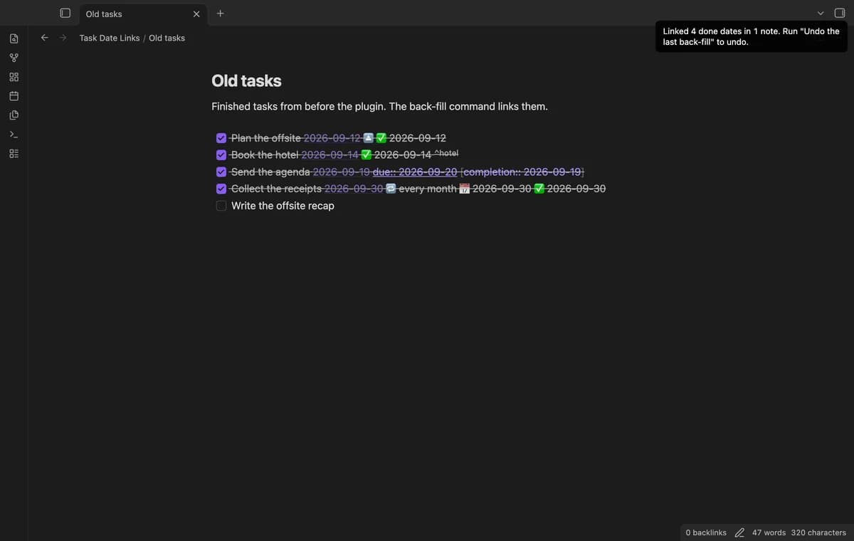 Task Date Links screenshot