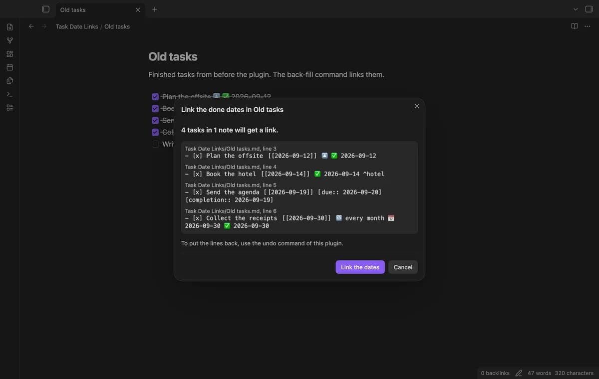 Task Date Links screenshot