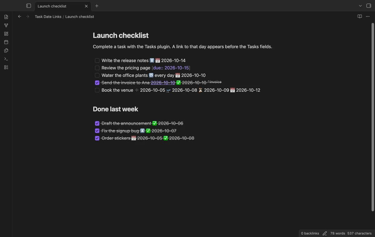 Task Date Links screenshot