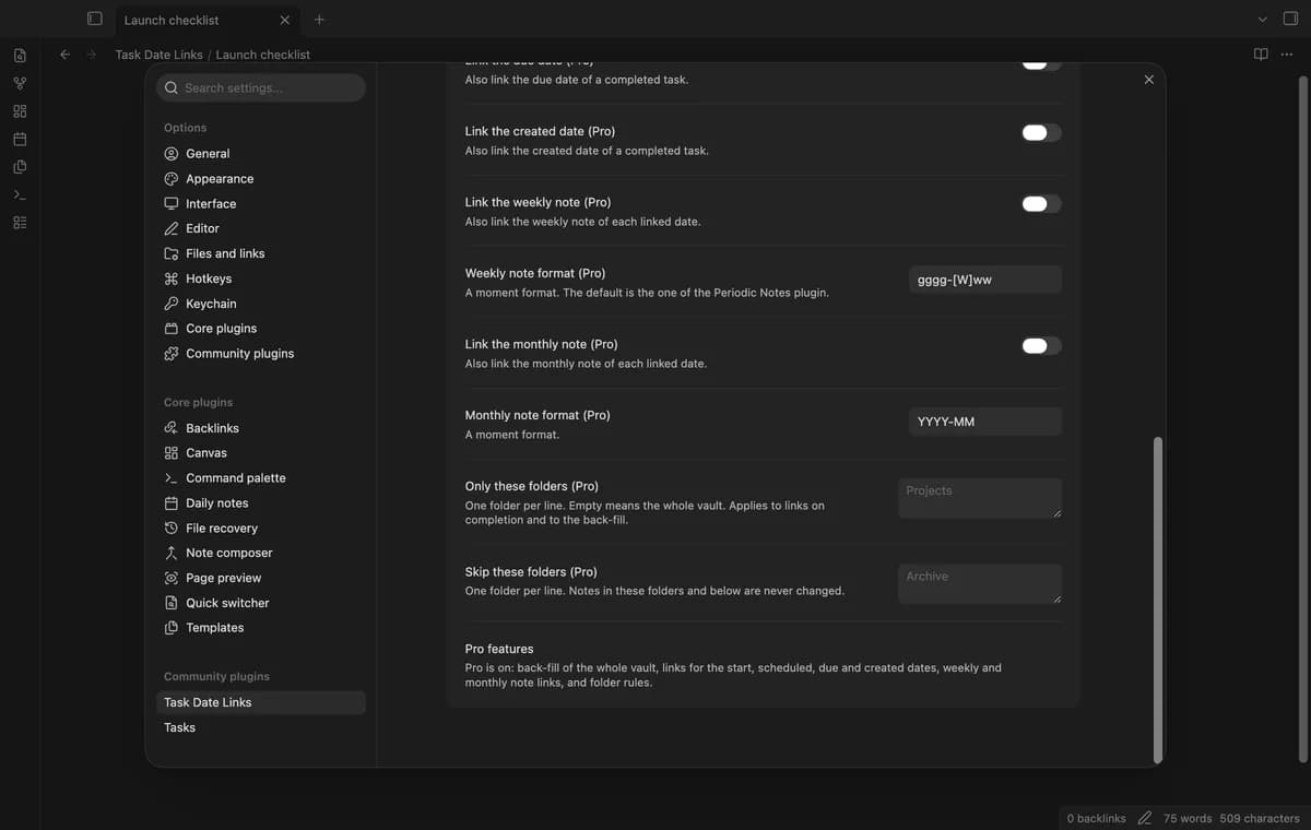 Task Date Links screenshot