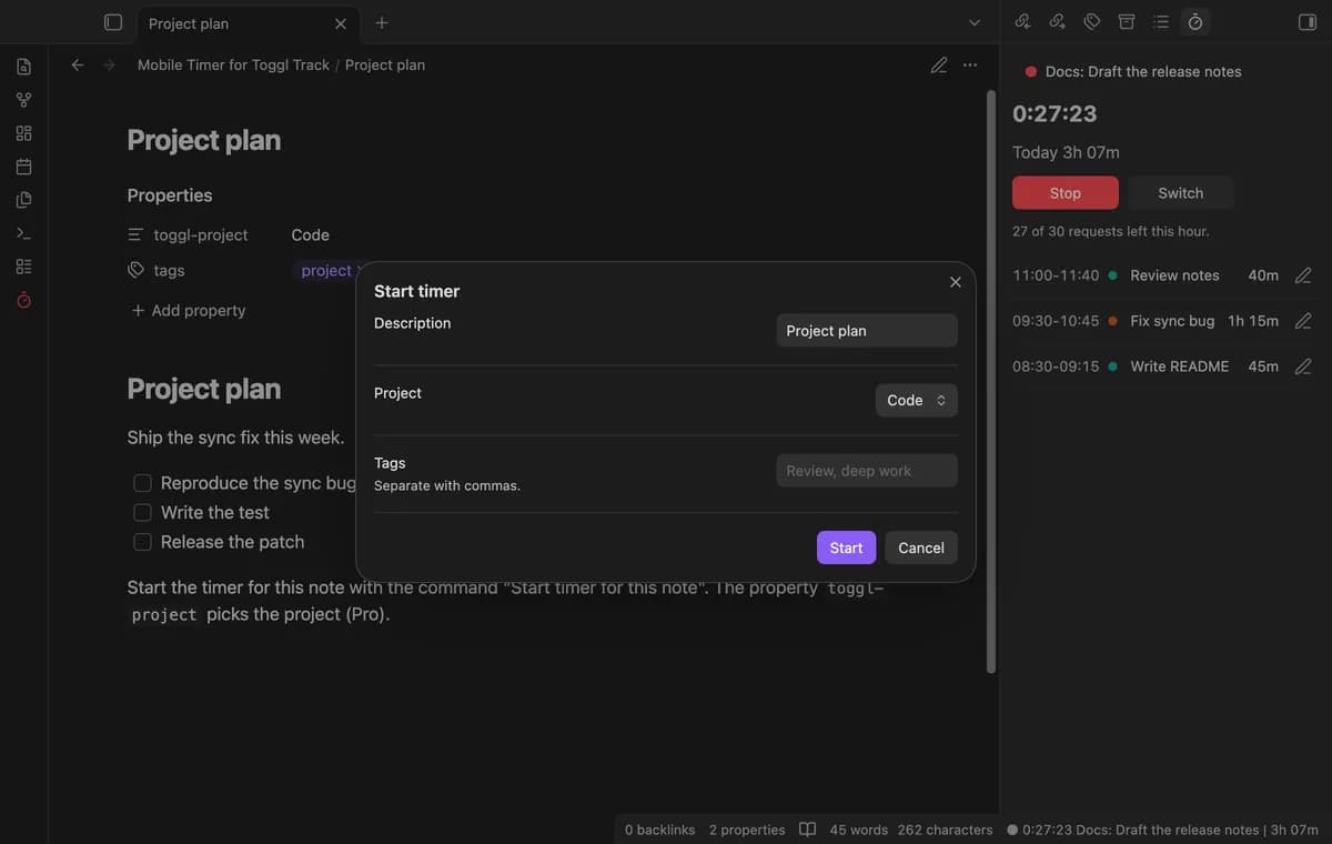 Mobile Timer for Toggl Track screenshot
