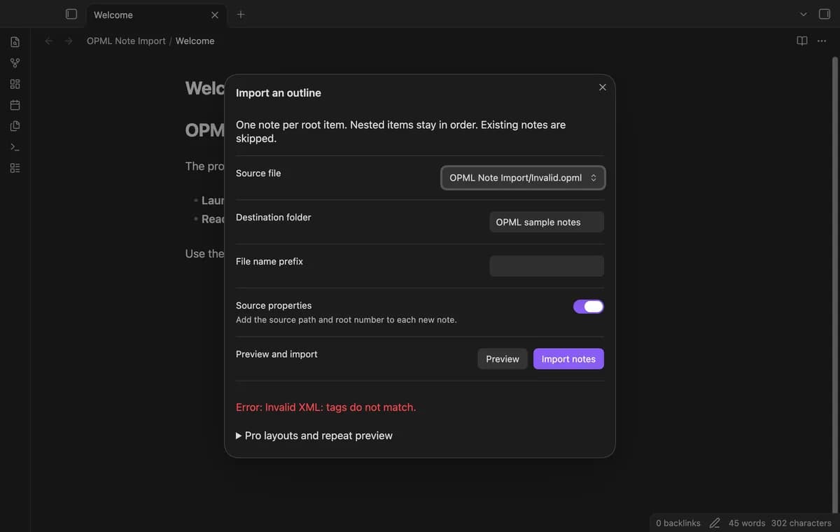 OPML Note Import screenshot