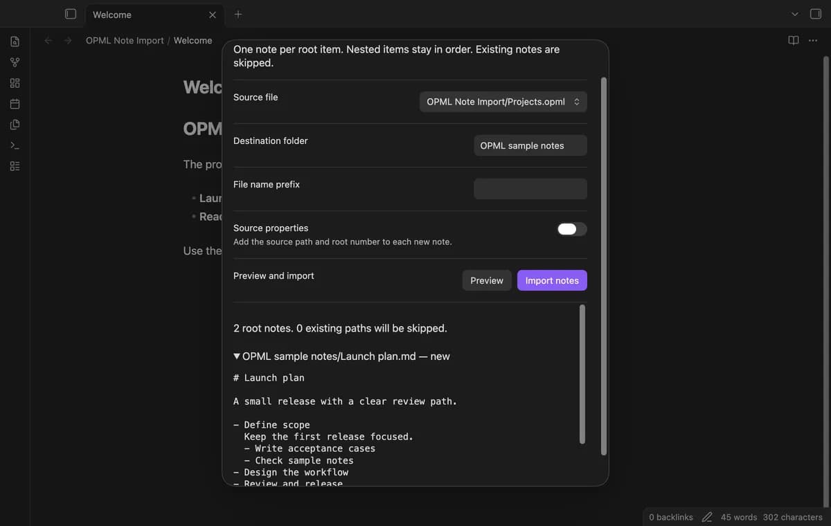 OPML Note Import screenshot
