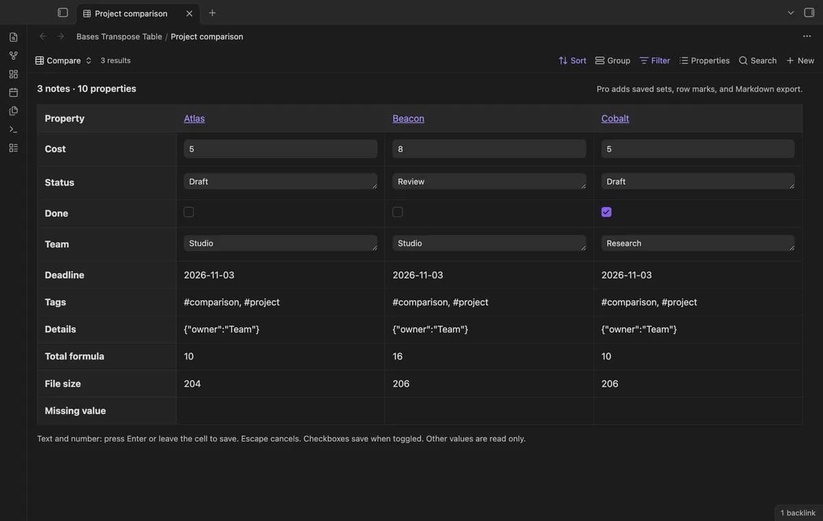 Bases Transpose Table screenshot