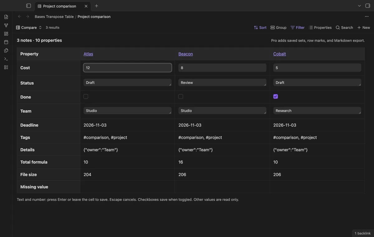 Bases Transpose Table screenshot