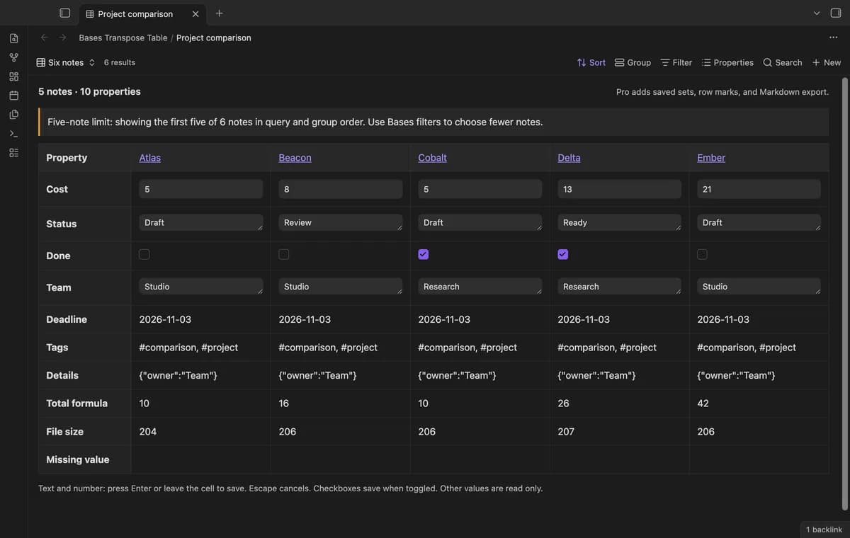 Bases Transpose Table screenshot
