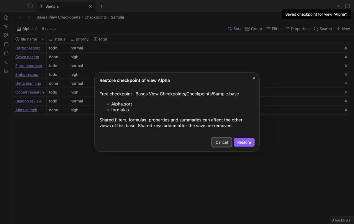 Bases View Checkpoints screenshot