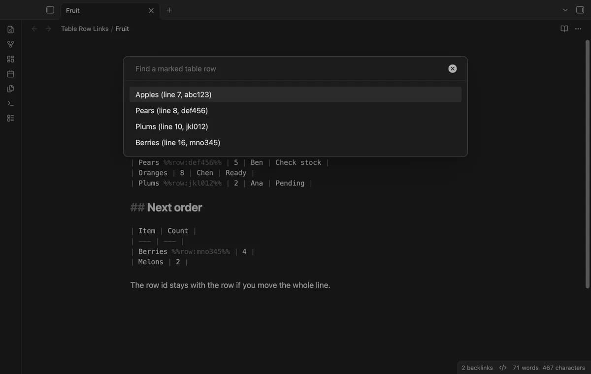 Table Row Links screenshot