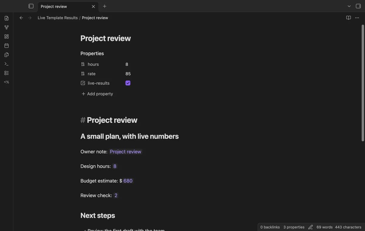 Live Template Results screenshot