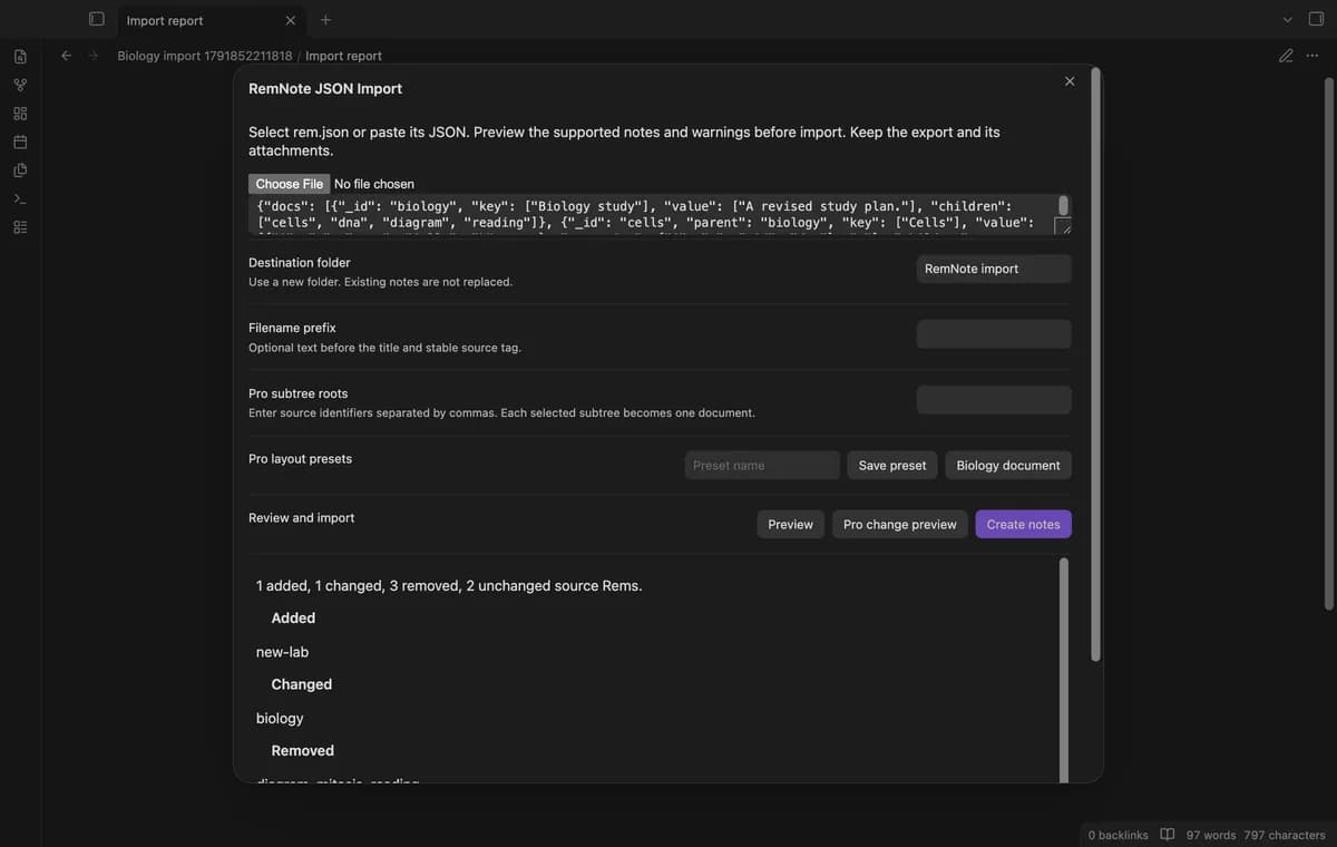 RemNote JSON Import screenshot