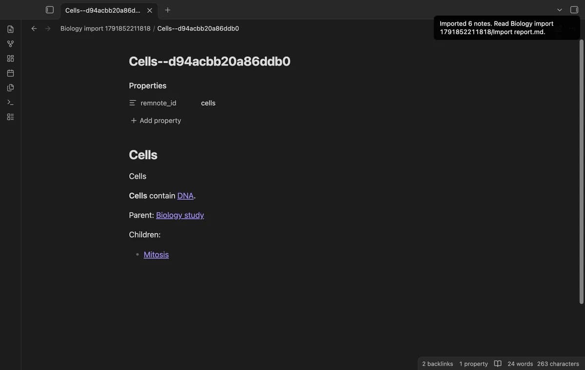 RemNote JSON Import screenshot