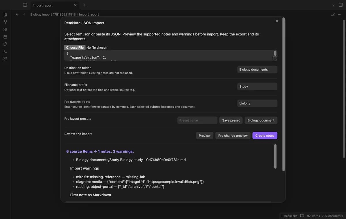 RemNote JSON Import screenshot