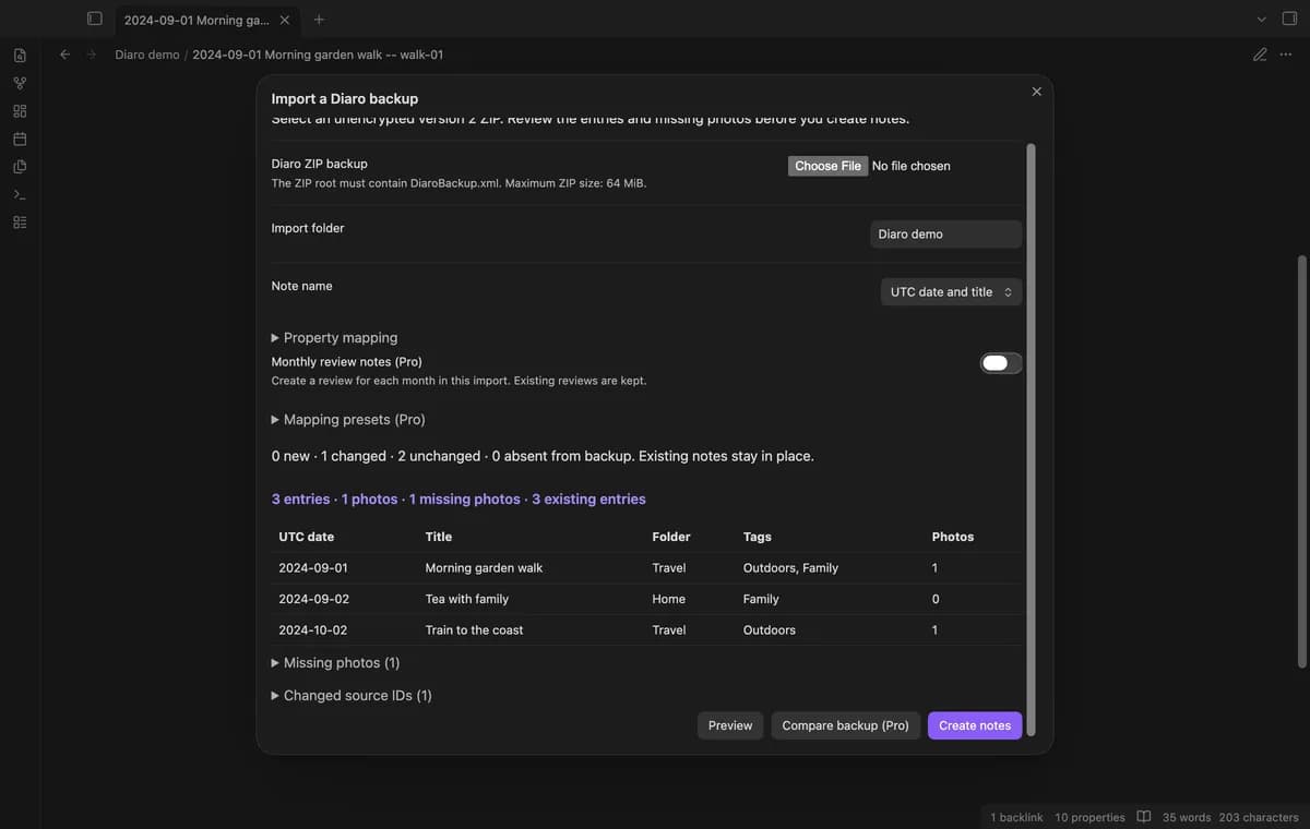 Diaro Backup Import screenshot