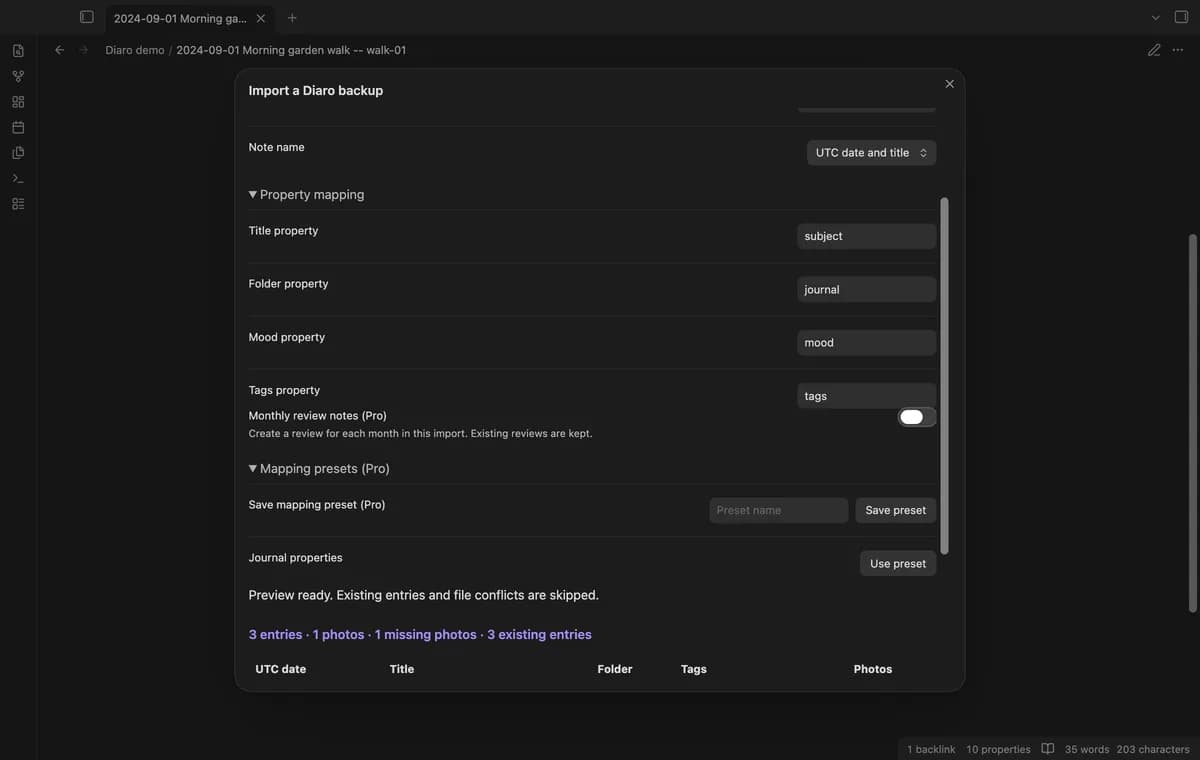 Diaro Backup Import screenshot