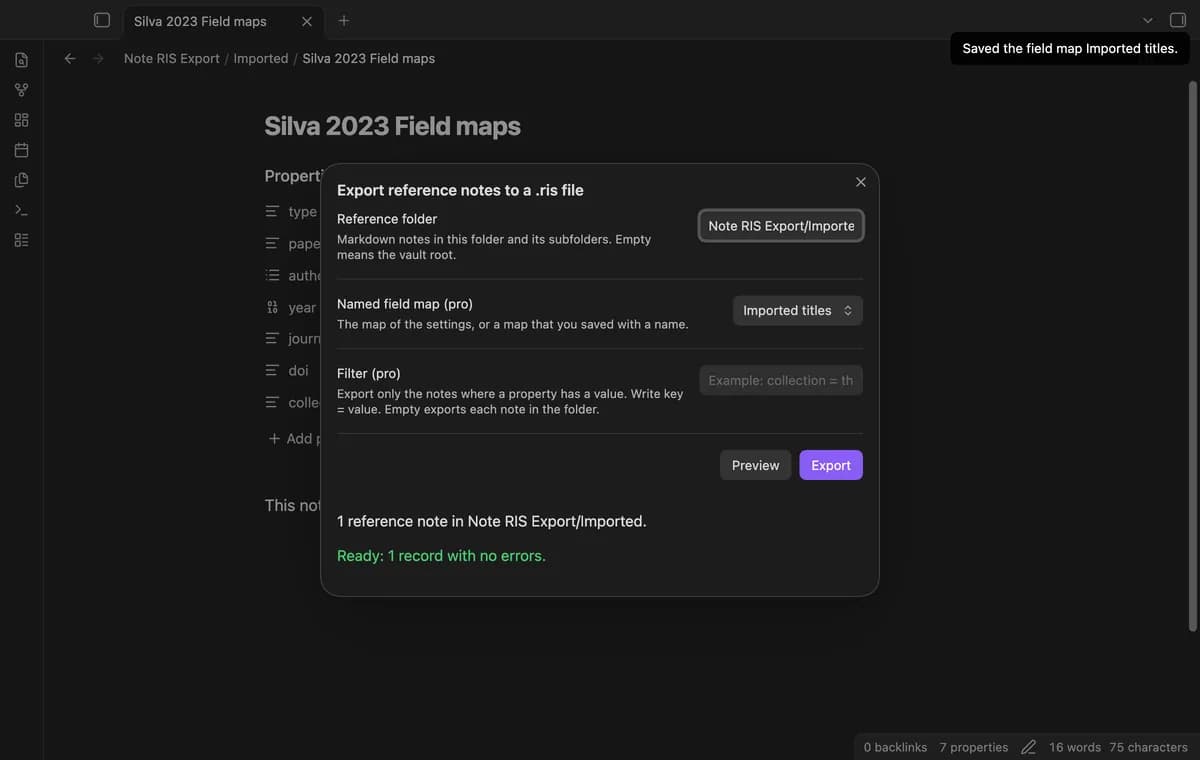 Note RIS Export screenshot