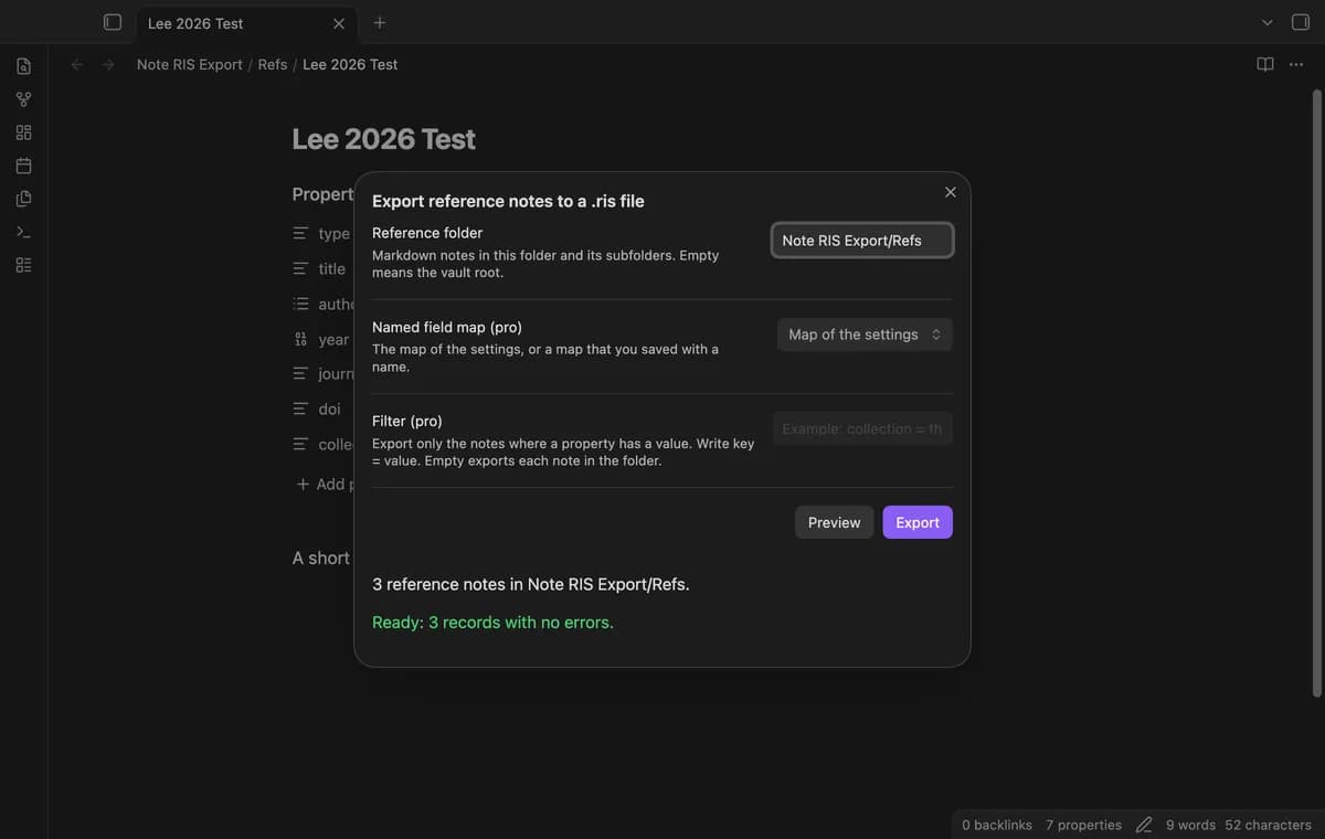 Note RIS Export screenshot