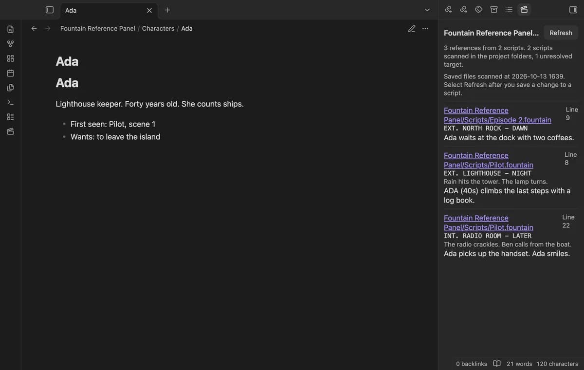 Fountain Reference Panel screenshot