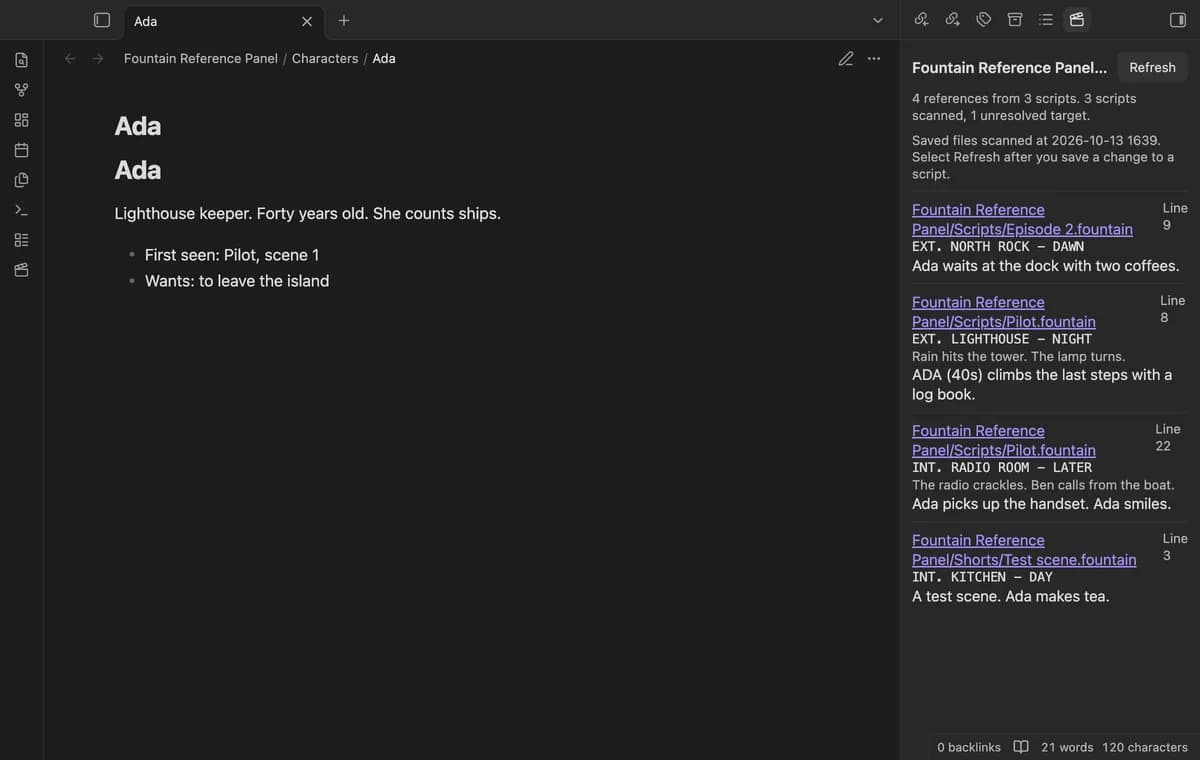 Fountain Reference Panel screenshot