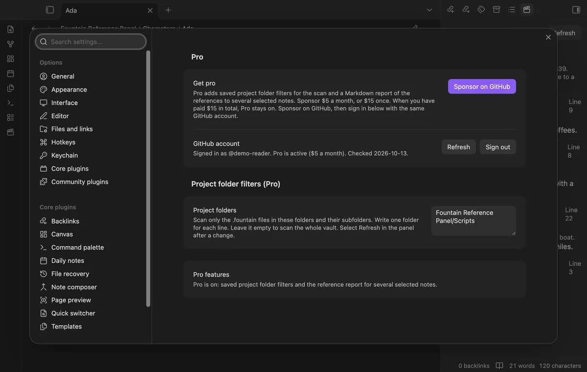Fountain Reference Panel screenshot