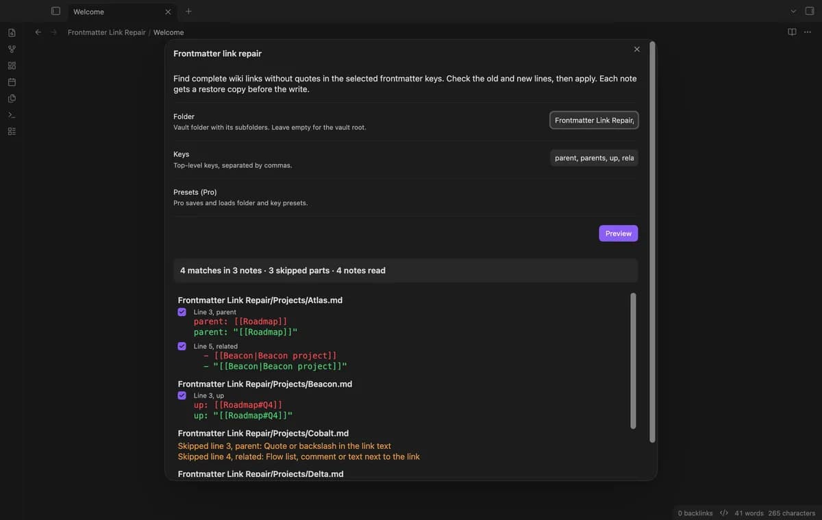 Frontmatter Link Repair screenshot