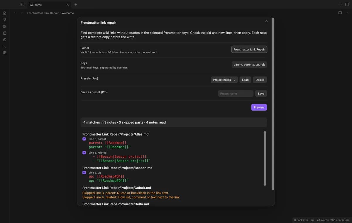 Frontmatter Link Repair screenshot