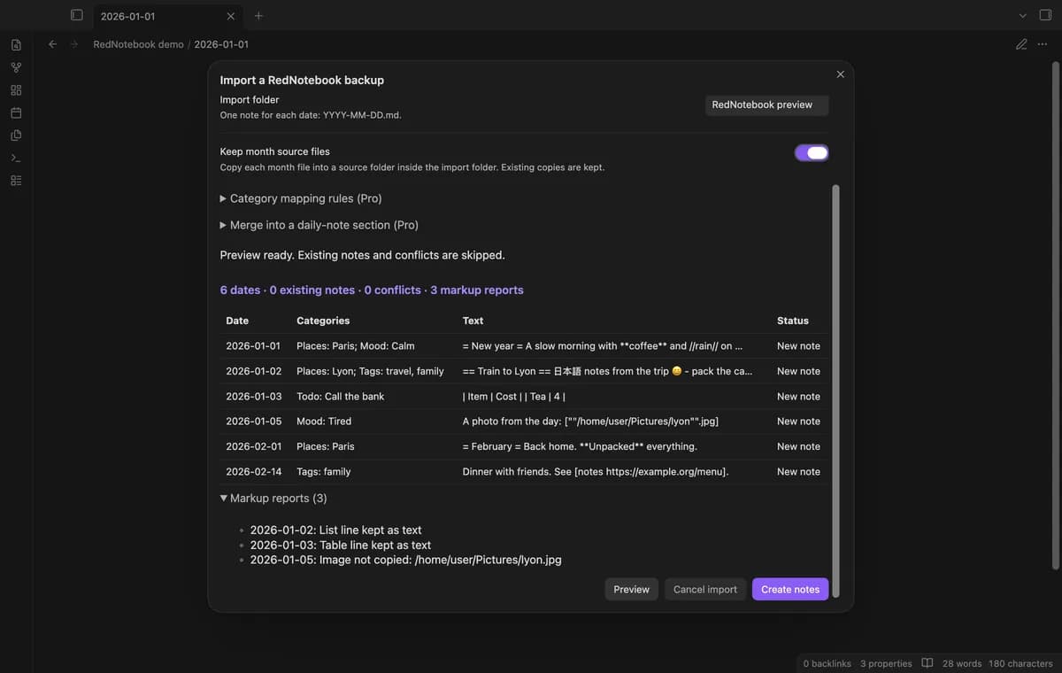 RedNotebook Backup Import screenshot