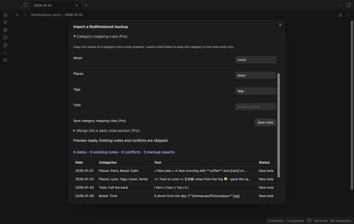 RedNotebook Backup Import screenshot