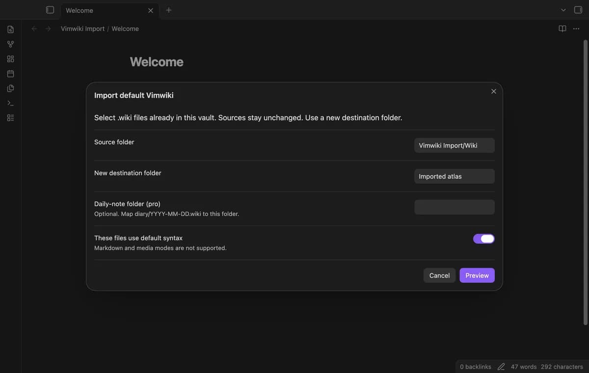 Vimwiki Import screenshot