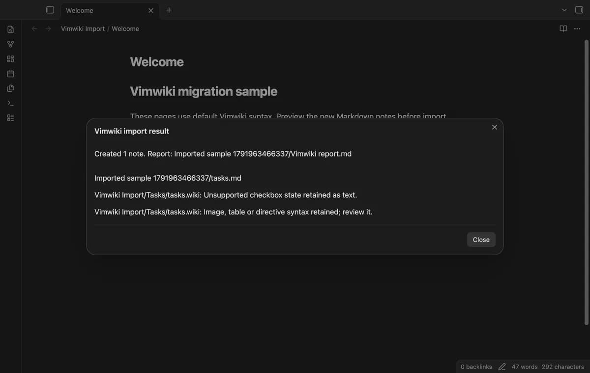 Vimwiki Import screenshot