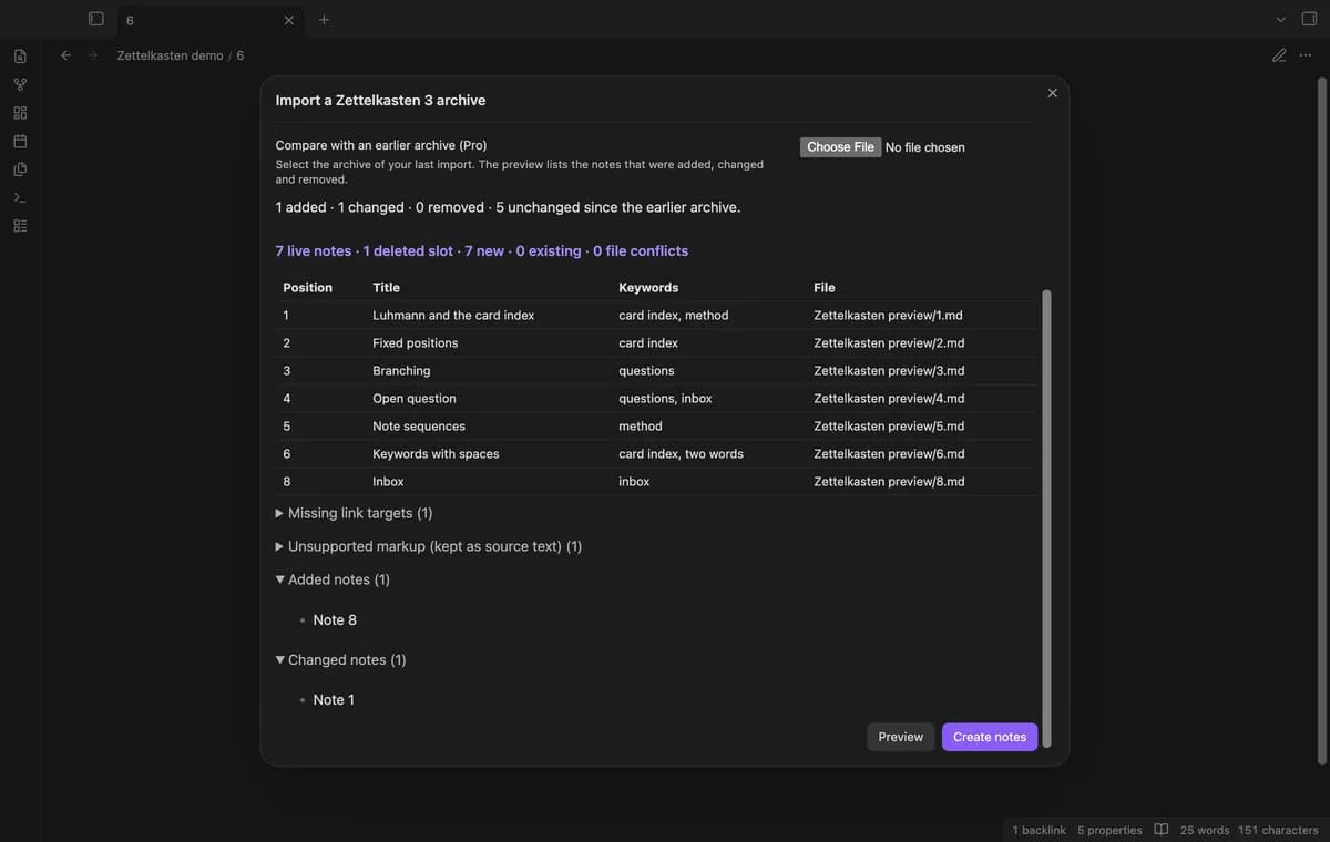 Zettelkasten Archive Import screenshot
