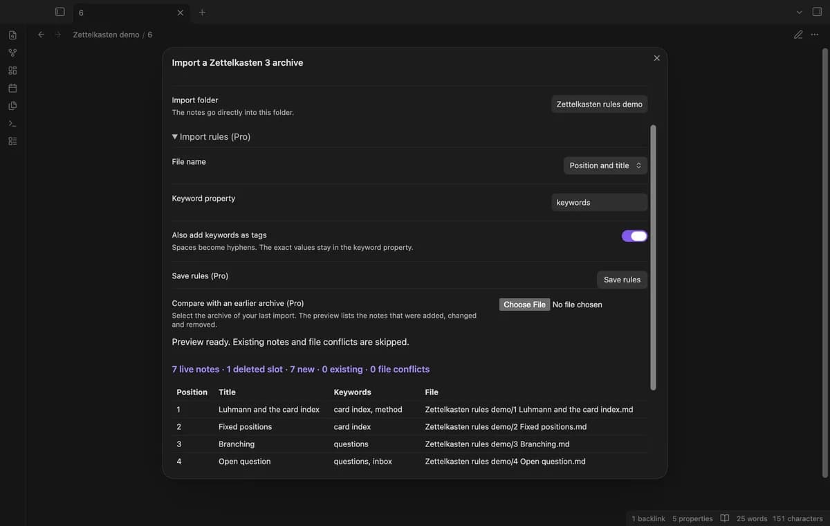 Zettelkasten Archive Import screenshot