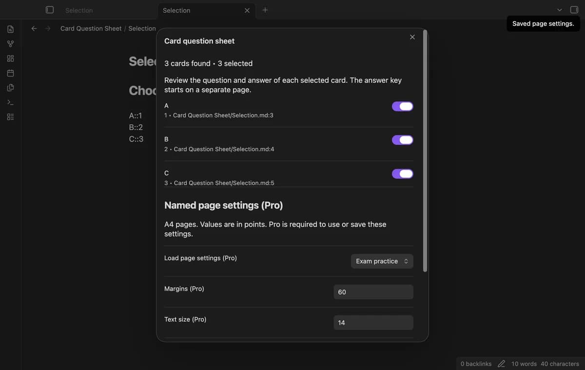 Card Question Sheet screenshot