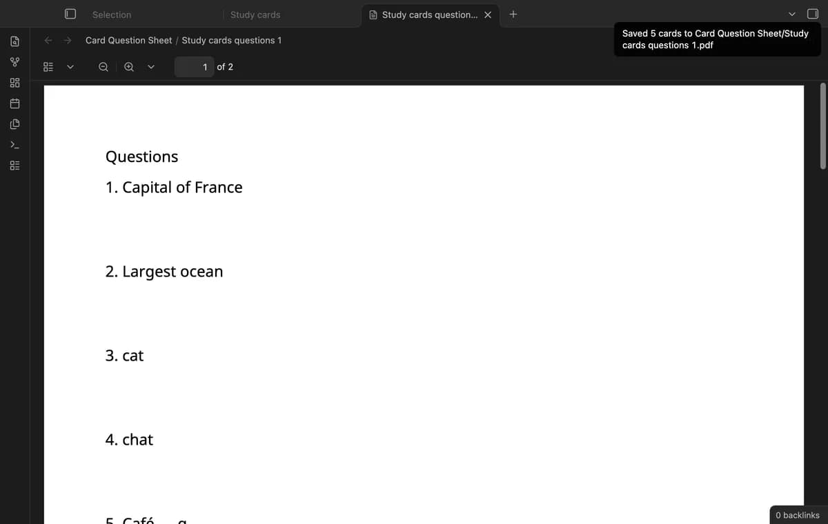 Card Question Sheet screenshot