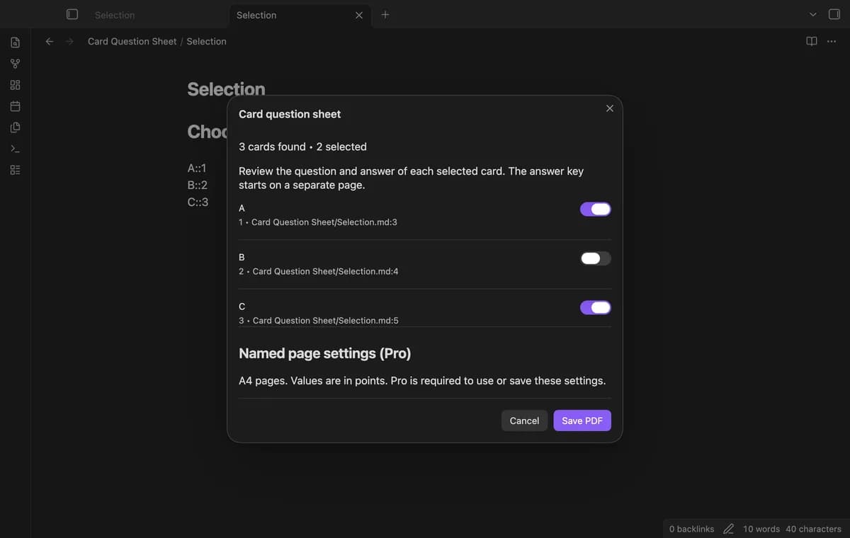 Card Question Sheet screenshot