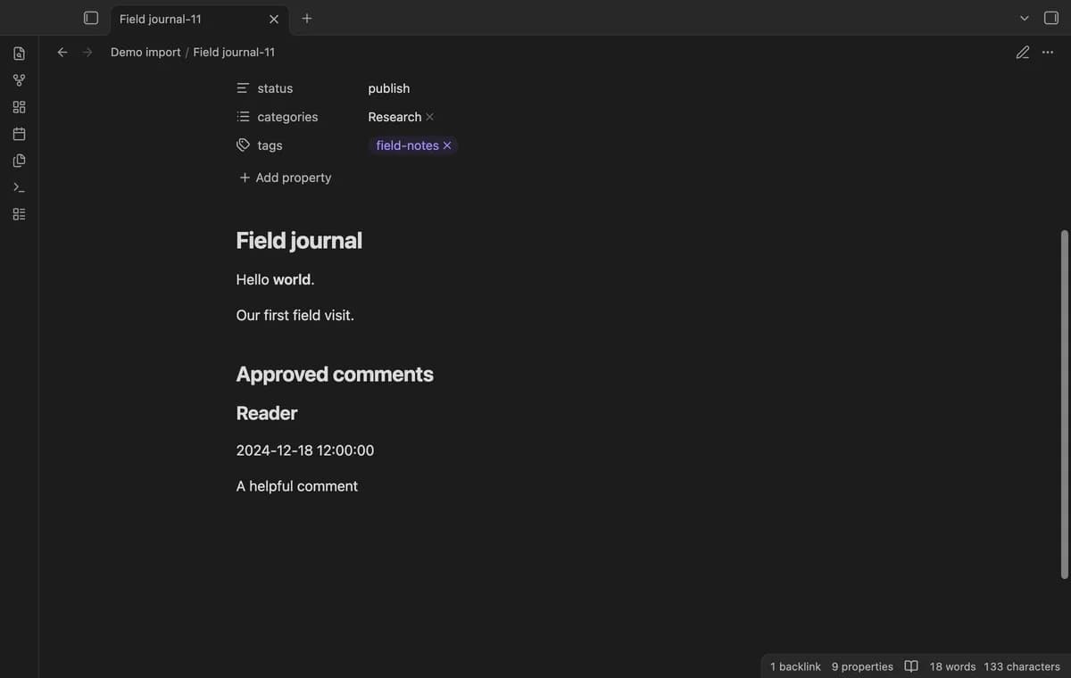 WordPress WXR Import screenshot