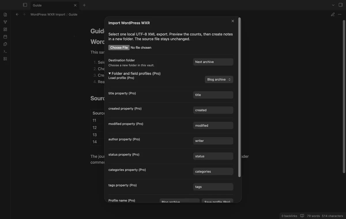 WordPress WXR Import screenshot