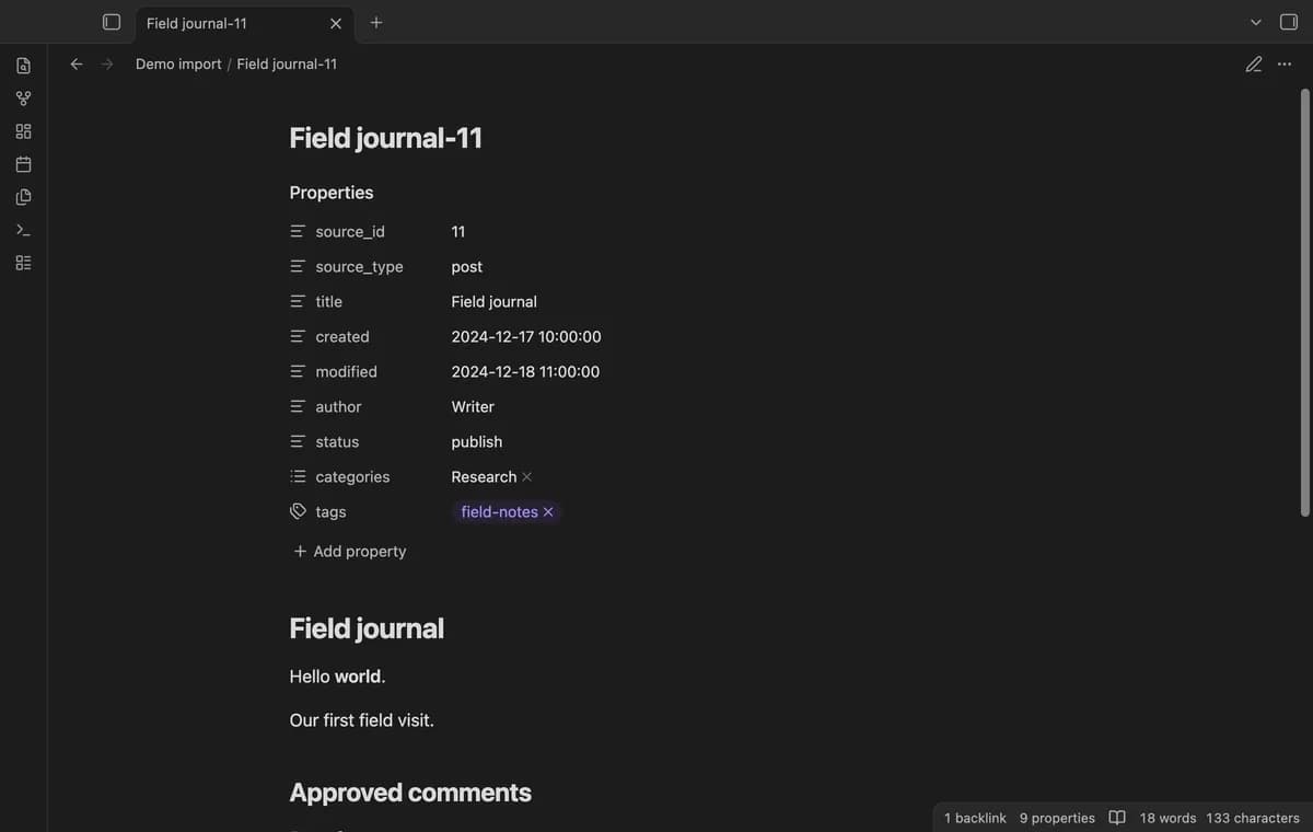 WordPress WXR Import screenshot