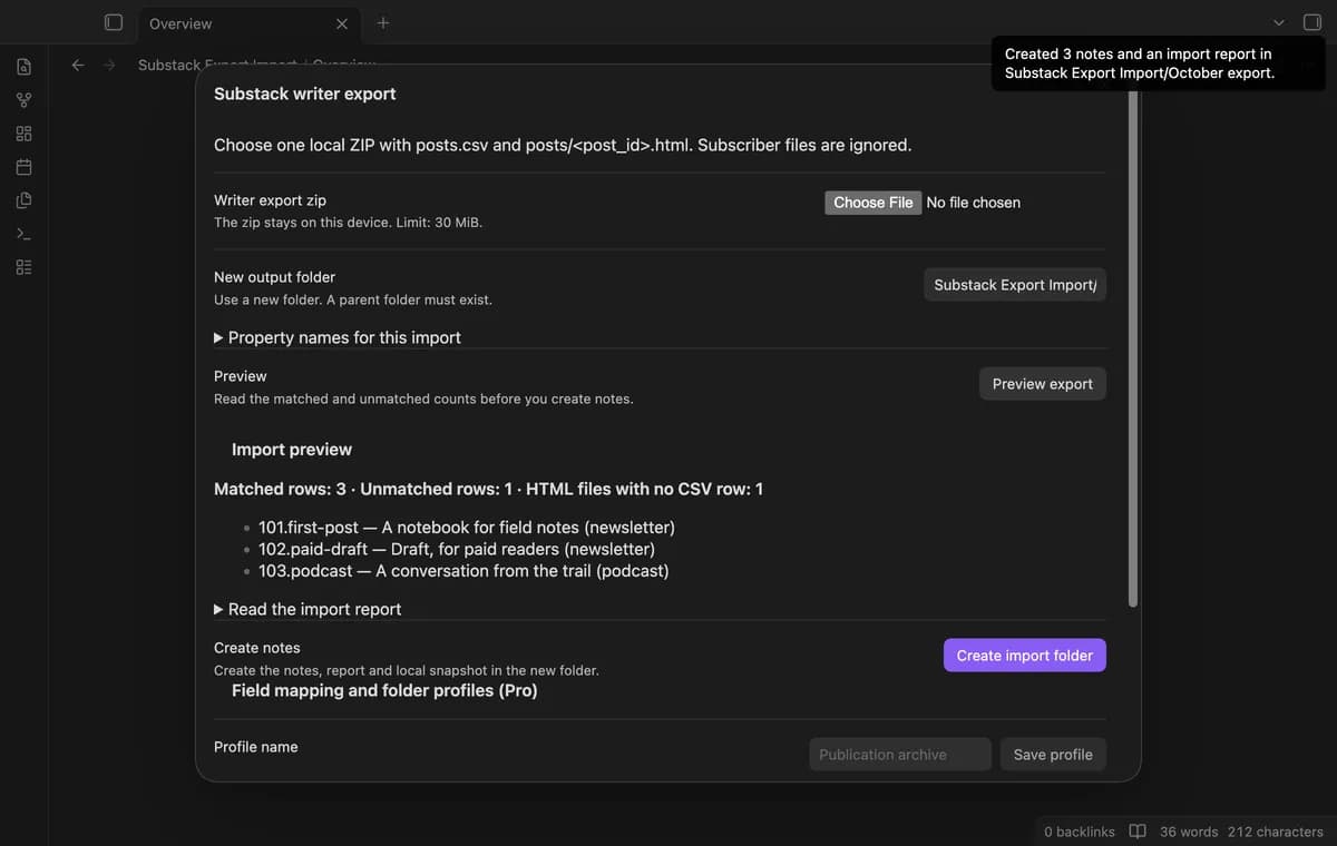 Substack Export Import screenshot