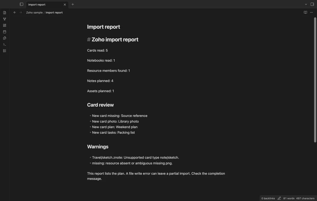 Zoho Znote Import screenshot