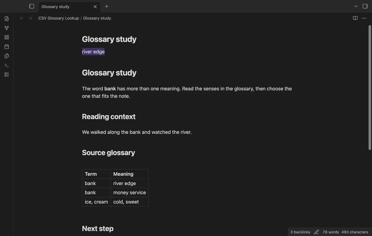 CSV Glossary Lookup screenshot